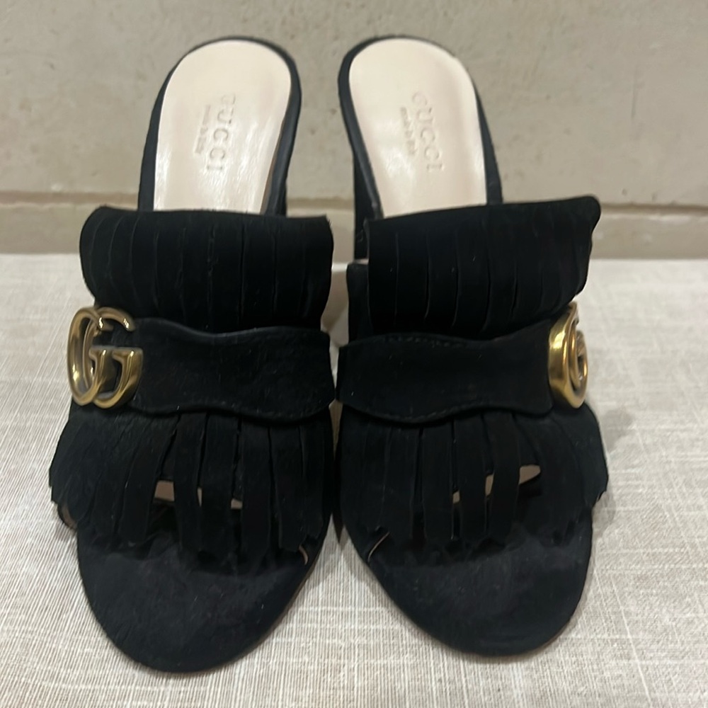 For Sale: Gucci Black Suede Marmont Fringe Mules (Size 37)